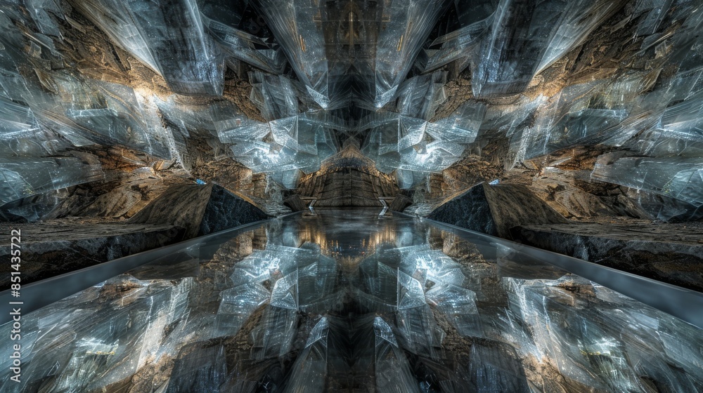 Symmetrical and captivating view of a crystal cave with reflective surfaces and intricate formations Symmetrical and captivating view of a crystal cave with reflective surfaces and intricate formations