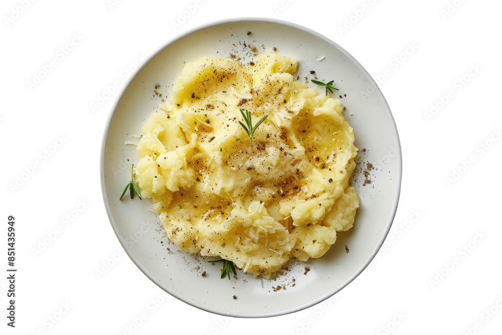 White plate of boil potato mashed isolated on transparent background White plate of boil potato mashed isolated on transparent background