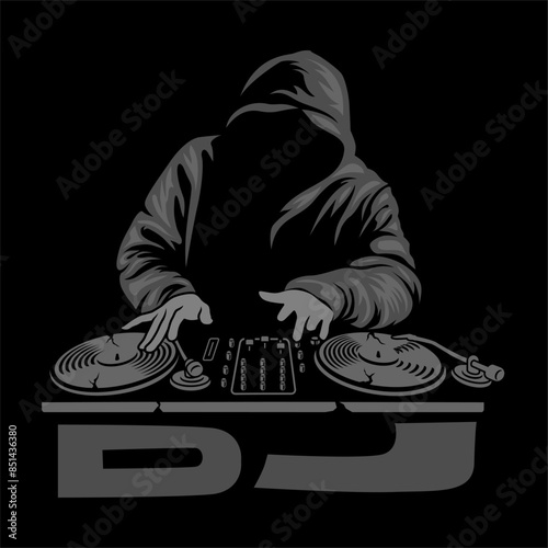 DJ logo with hoodie man, Design element for logo, poster, card, banner, emblem, t shirt. Vector illustration