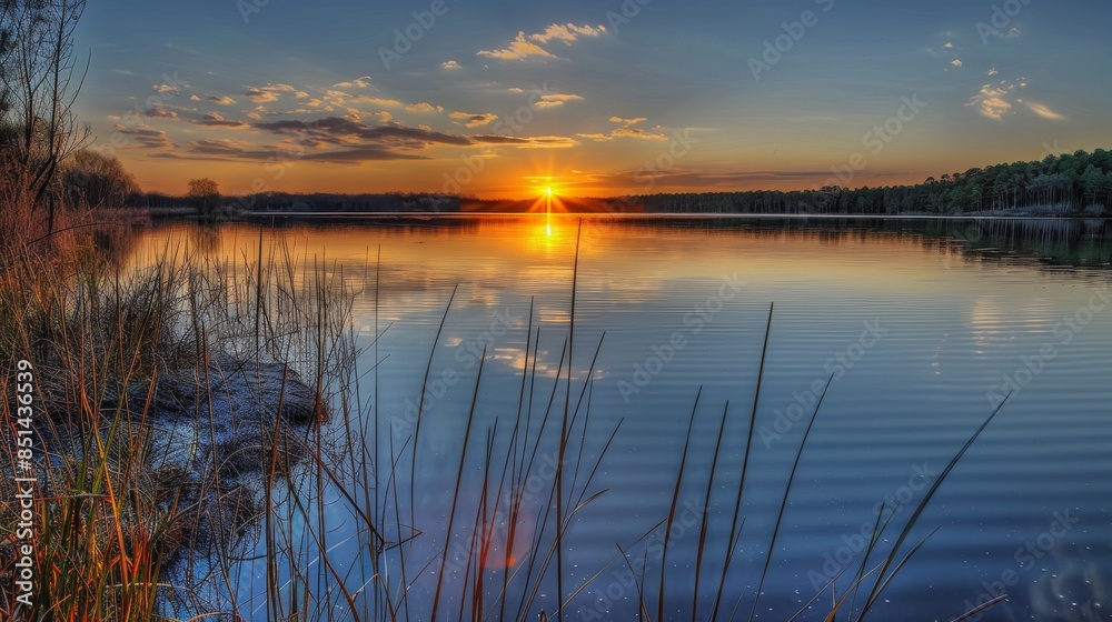 Fototapeta premium Stunning sunset over a calm lake with the sky displaying vibrant orange and blue hues