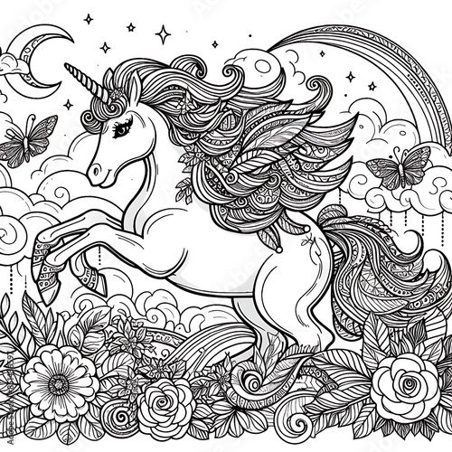 A black and white drawing of a unicorn coloring page design colours drawing graphic eyecatching vector Illustrative eyecatching Illustrative.