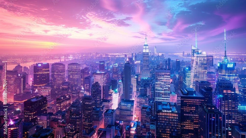 Fototapeta premium Aerial view of a futuristic cityscape at dusk with towering skyscrapers and illuminated streets