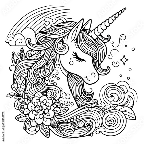 A black and white of a unicorn coloring page design colours graphic vector engaging.
