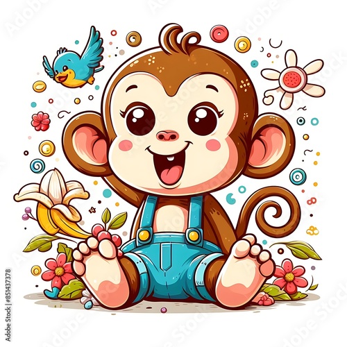 A cartoon monkey design colours drawing graphic sitting on the ground highquality eyecatching realistic vector.
