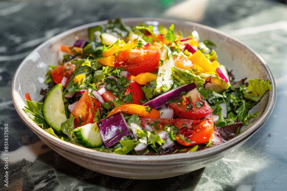 A vibrant salad with fresh vegetables and a homemade dressing A vibrant salad with fresh vegetables and a homemade dressing