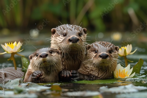 A family of otters floating on their backs in a calm river, holding hands to stay together. They are surrounded by water lilies and reeds  © Nico