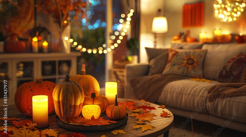 Obraz premium A home decorated for autumn with pumpkins, colorful foliage, and warm lighting.