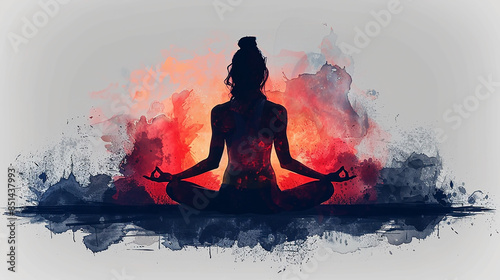 a silhouette image of a woman practicing yoga position in colorful smoky background  photo