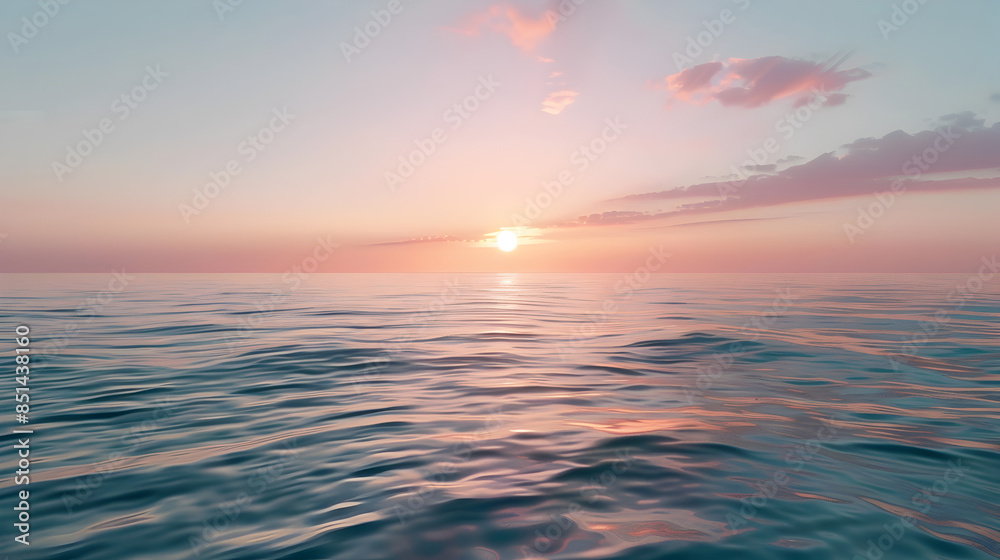 A calm ocean with a soft pastel sunset.


