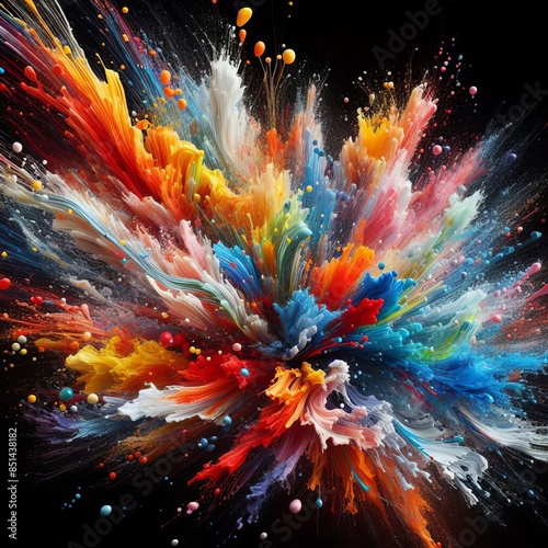 A powerful explosion of colorful paint splashes on a black canvas, capturing movement and energy in an abstract form. Ideal for artistic and creative design applications.. AI Generation