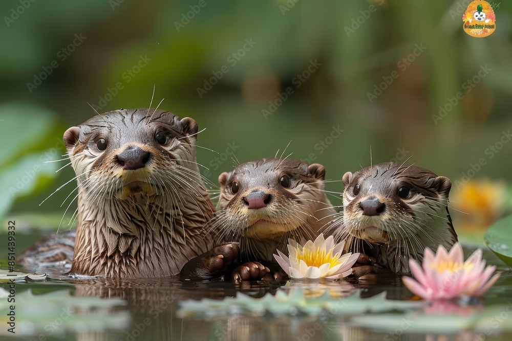 A family of otters floating on their backs in a calm river, holding hands to stay together. They are surrounded by water lilies and reeds A family of otters floating on their backs in a calm river, holding hands to stay together. They are surrounded by water lilies and reeds