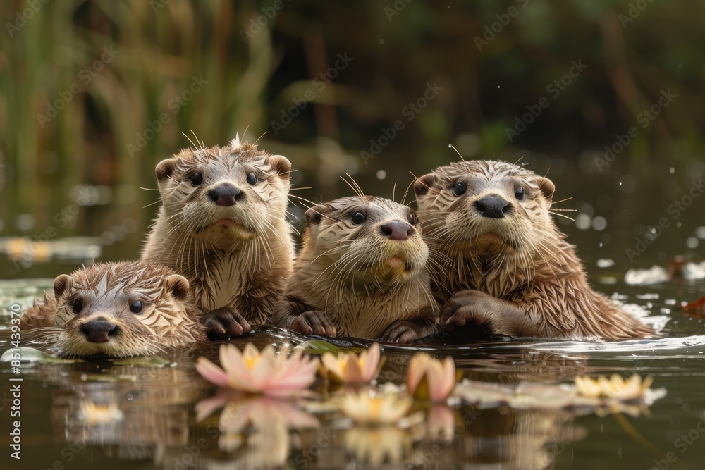 A family of otters floating on their backs in a calm river, holding hands to stay together. They are surrounded by water lilies and reeds A family of otters floating on their backs in a calm river, holding hands to stay together. They are surrounded by water lilies and reeds