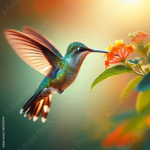 A hummingbird hovers near a cluster of orange flowers, capturing the elegance and swift movements of this tiny bird. The warm sunlight enhances the vibrant colors and creates a serene, enchanting