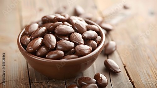 Chocolate-covered almonds in a small dish, combining the natural goodness of almonds with a sweet treat photo