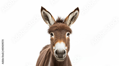 Donkey in standing position on white background 