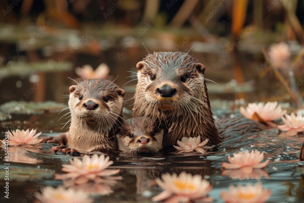 Fototapeta premium A family of otters floating on their backs in a calm river, holding hands to stay together. They are surrounded by water lilies and reeds 