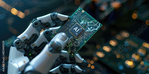 artificial intelligence, andriod robot hand holds an artificial intelligence chip with the letters AI, on a dark background, space for text  photo