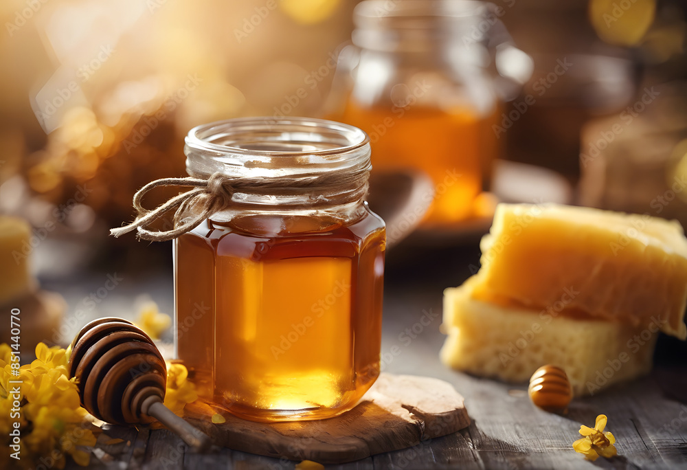 A close-up of a jar of honey with a honey dipper on a wooden table. The background features another jar of honey, honeycomb, and yellow flowers. The scene is warmly lit, creating a cozy atmosphere. A close-up of a jar of honey with a honey dipper on a wooden table. The background features another jar of honey, honeycomb, and yellow flowers. The scene is warmly lit, creating a cozy atmosphere.