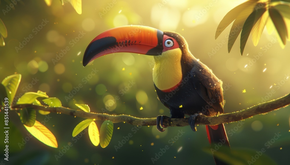 Obraz premium A colorful toucan perched on a branch in a lush, sunlit rainforest, surrounded by green leaves and a golden glow.