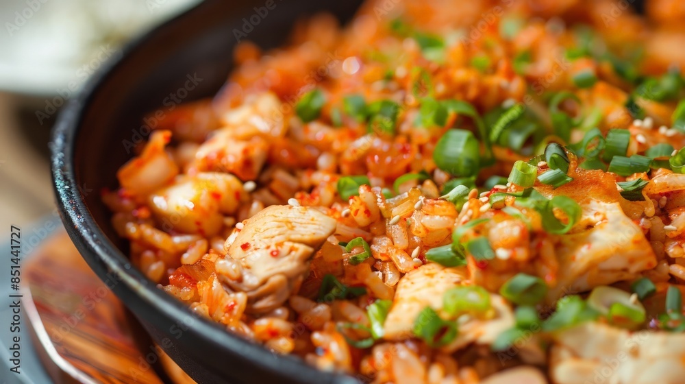Spicy Kimchi Fried Rice with Chicken and Sesame Seeds