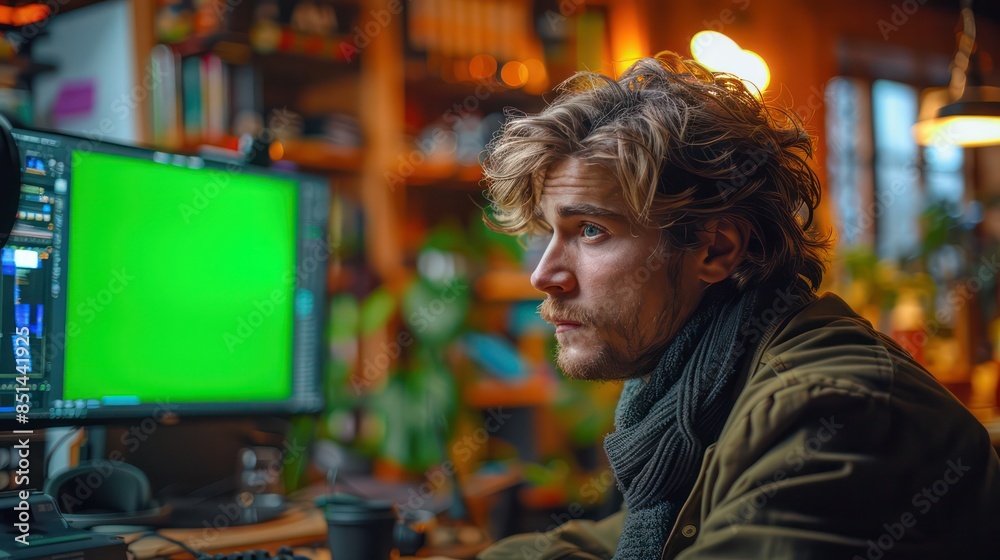 A man working with computer A green screen appears on the monitor to facilitate post-production editing. Professional atmosphere Focused work environment A man working with computer A green screen appears on the monitor to facilitate post-production editing. Professional atmosphere Focused work environment
