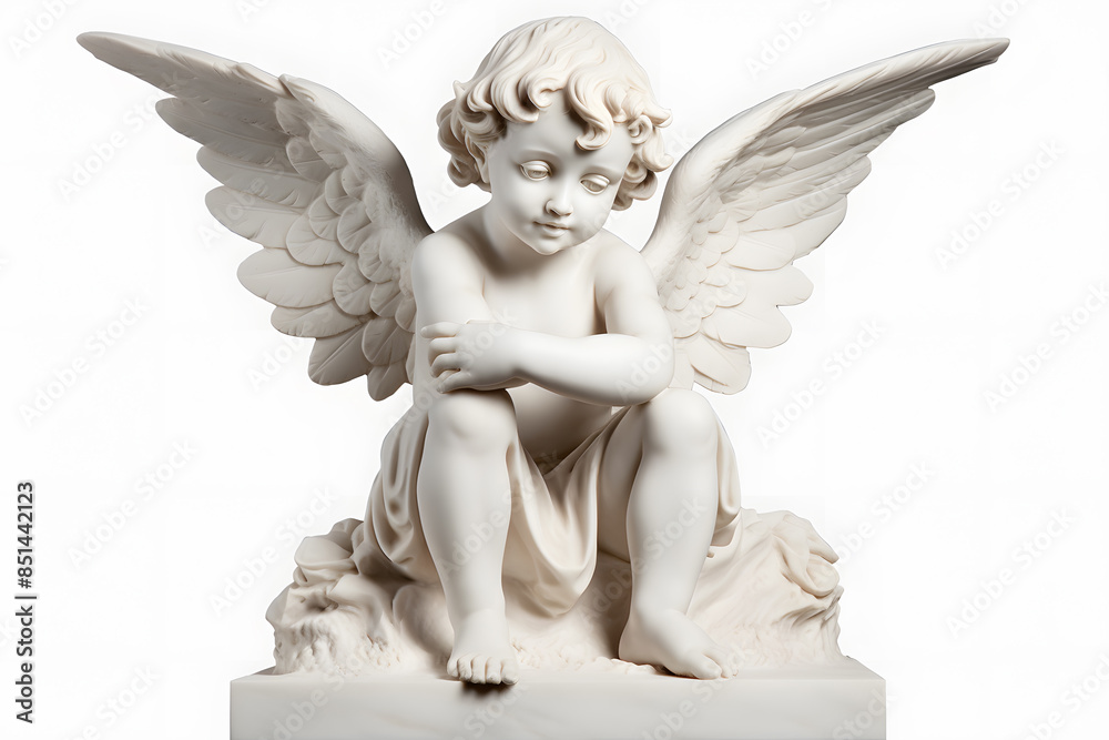 White marble statue of sitting cherub, isolated on white background White marble statue of sitting cherub, isolated on white background