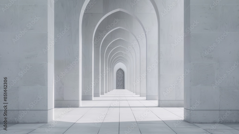 A minimalist architectural scene featuring a series of white arches in a symmetrical pattern, creating an infinite passageway effect.