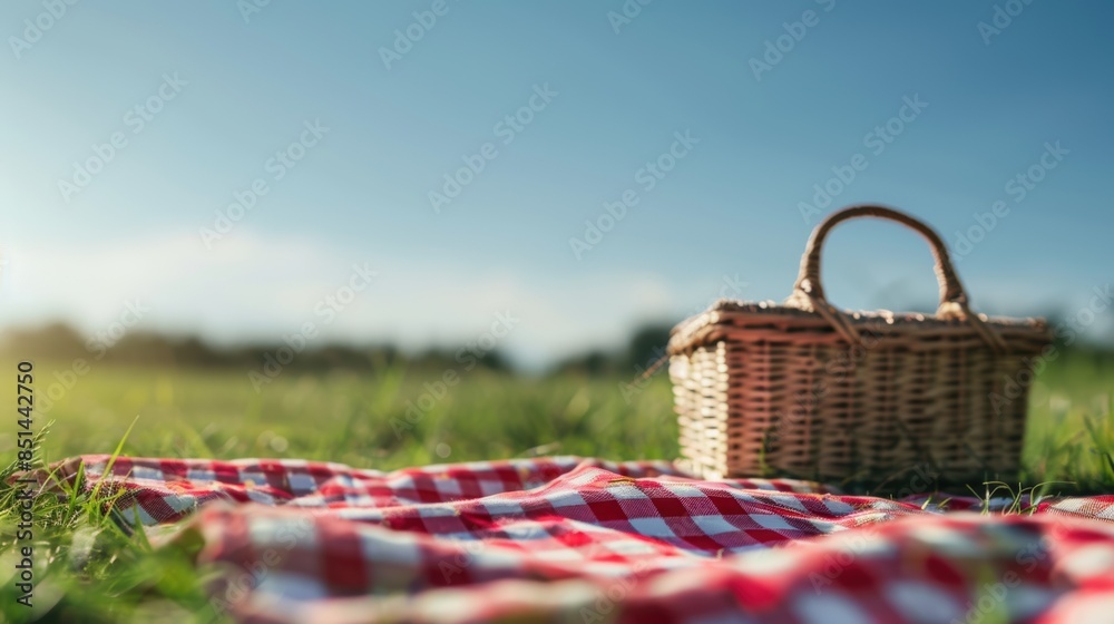 A serene picnic scene with a wicker basket and a checkered blanket spread out on a lush grassy field under a clear blue sky. A serene picnic scene with a wicker basket and a checkered blanket spread out on a lush grassy field under a clear blue sky.