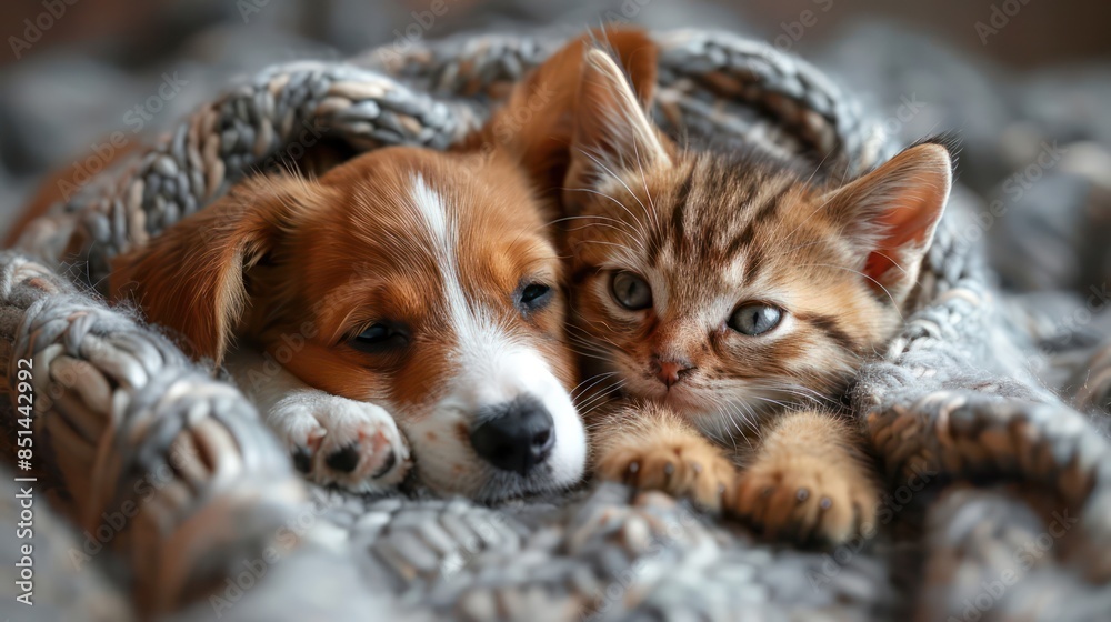 A puppy and kitten wrestling gently on a soft blanket, showing their close bond. A puppy and kitten wrestling gently on a soft blanket, showing their close bond.