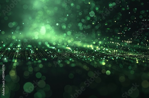 A glowing green light shines on the dark background, creating an atmosphere of digital technology and mystery