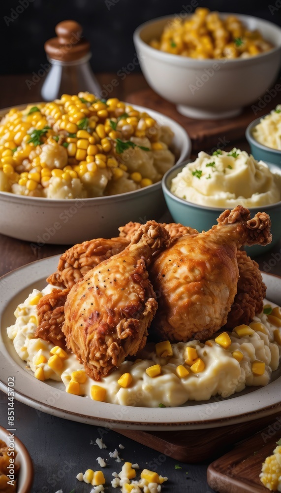 Savor the taste of southern comfort with golden fried chicken, smooth mashed potatoes, and sweet buttered corn, all perfectly seasoned Savor the taste of southern comfort with golden fried chicken, smooth mashed potatoes, and sweet buttered corn, all perfectly seasoned