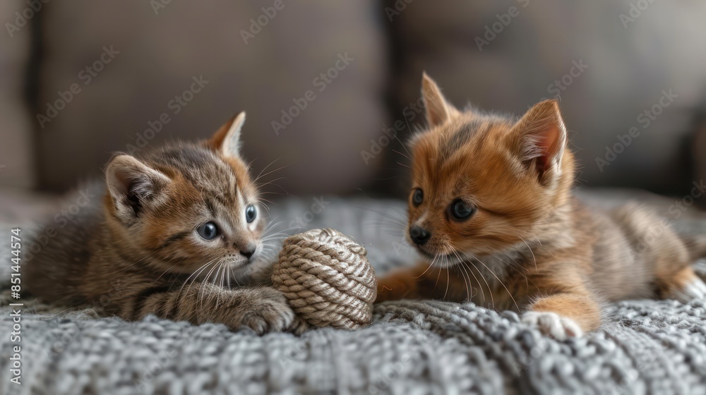 Two kittens share a chew toy together. Each trying to pull it apart. Two kittens share a chew toy together. Each trying to pull it apart.