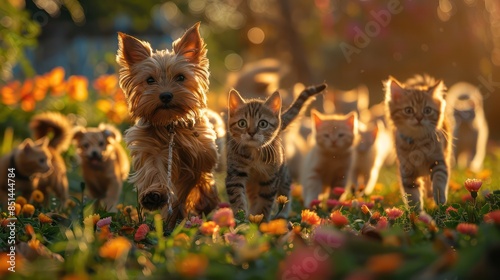 A group of dogs and cats frolicking in a park, enjoying a beautiful day together.