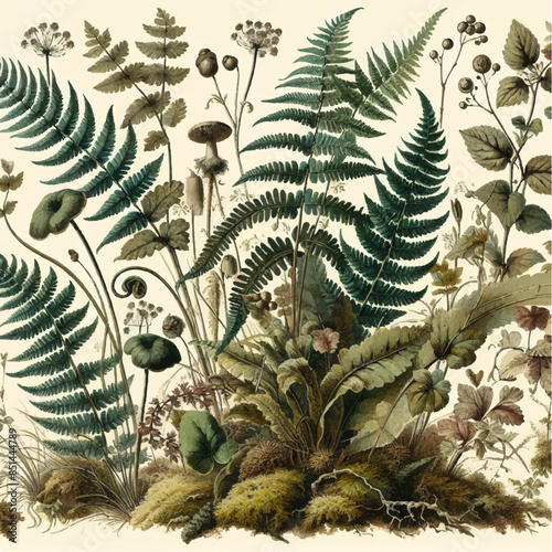 Detailed Watercolour Botanical Illustration of Temperate Forest Plants with Ferns and Mosses - 19th Century Style