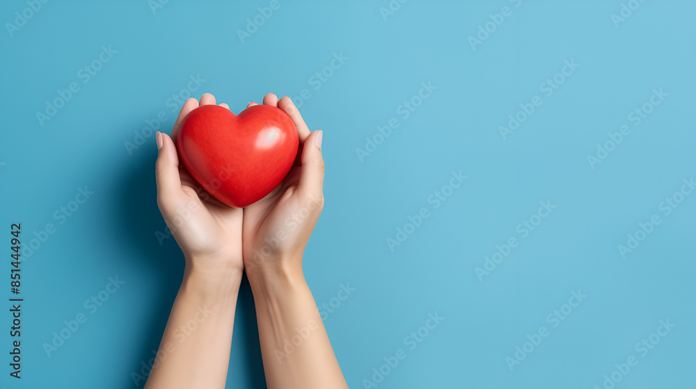 custom made wallpaper toronto digitalHands hold a red heart on a blue background to represent love, romance and affection.