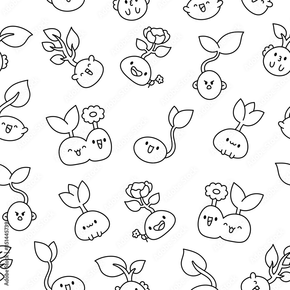 Cute kawaii seed with roots. Seamless pattern. Coloring Page. Bean sprout. Cartoon plant gardening characters. Hand drawn style. Vector drawing. Design ornaments. Cute kawaii seed with roots. Seamless pattern. Coloring Page. Bean sprout. Cartoon plant gardening characters. Hand drawn style. Vector drawing. Design ornaments.