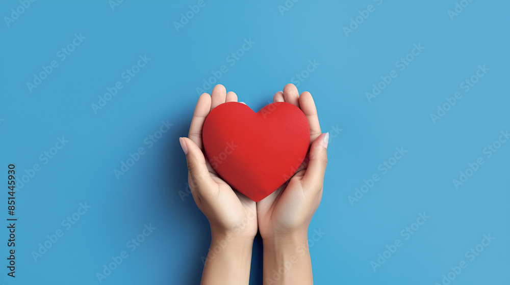 Obraz premium Hands hold a red heart on a blue background to represent love, romance and affection. 