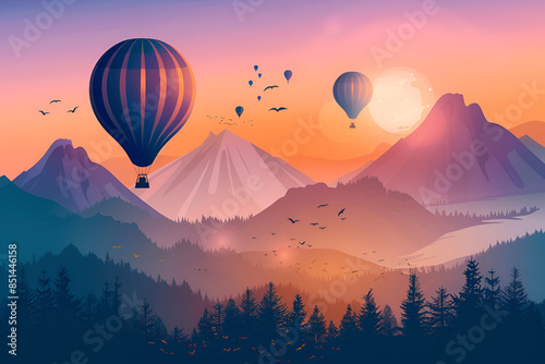 Fly High, Explore Wide, A Colorful Hot Air Balloon Adventure, Colorful hot air balloons flying over the mountains, A hot air balloon is flying over a mountain range, The sky is orange and the mountain photo