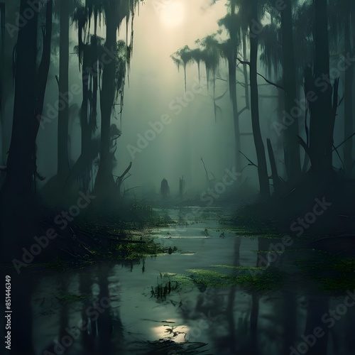the heavy mist obscures the true nature of the swamp making it seem as though the ghostly shapes flo photo