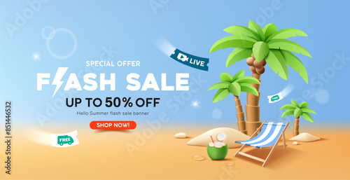 Summer flash sale, coconut trees, beach chair, banner design, on sand beach and blue background, EPS 10 vector illustration
