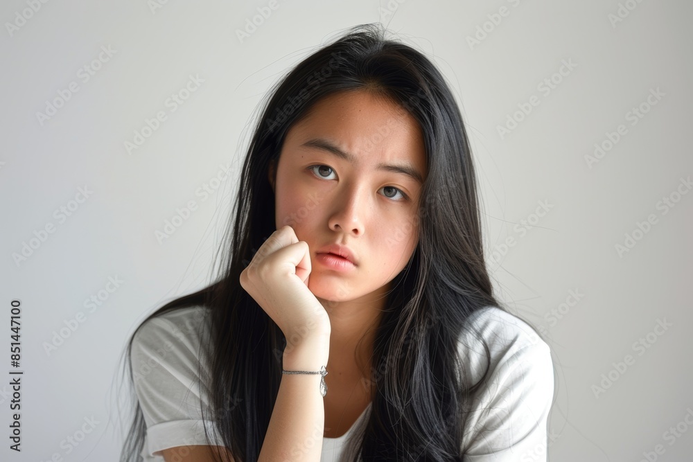 Businesswomen are creative thinkers. isolated on a white backdrop, folks from Thailand,Secretary girl's line of thought Businesswomen are creative thinkers. isolated on a white backdrop, folks from Thailand,Secretary girl's line of thought