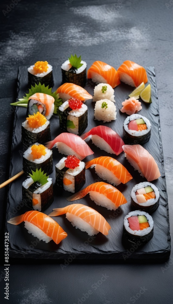 An elegant sushi presentation featuring an assortment of rolls with vibrant toppings, fresh fish, and a bowl of spicy dipping sauce, all displayed on a black slate board An elegant sushi presentation featuring an assortment of rolls with vibrant toppings, fresh fish, and a bowl of spicy dipping sauce, all displayed on a black slate board