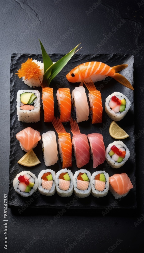 A beautifully arranged sushi platter with a variety of colorful rolls, including salmon, tuna, and vegetable maki, served with a side of dipping sauce on a sleek black slate A beautifully arranged sushi platter with a variety of colorful rolls, including salmon, tuna, and vegetable maki, served with a side of dipping sauce on a sleek black slate