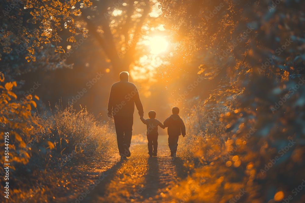 Fototapeta premium The picture shows the loving relationship between the father and his children very intact and close. Love that is very meaningful until the end of life. Family relationship, celebrating father's day. 