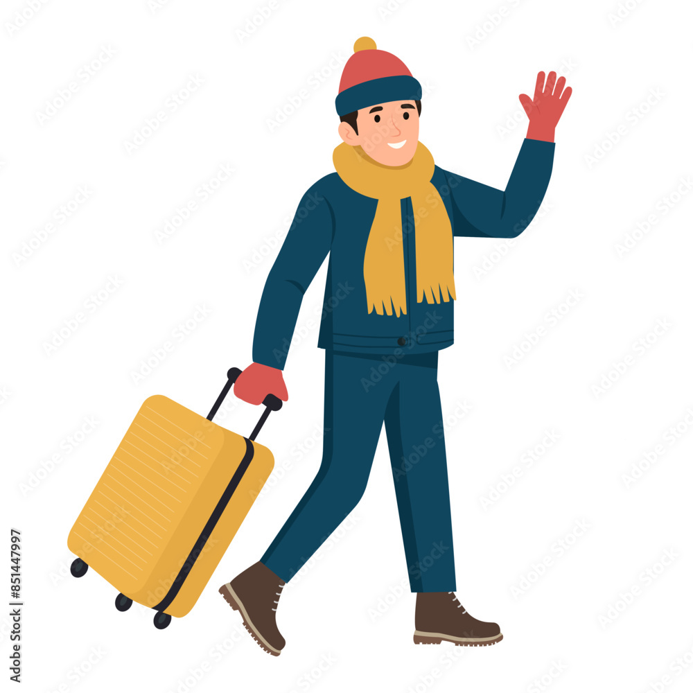 Man pulling suitcase and waving hand go for travelling on winter vacation. Trip, winter vacation, recreation or tourism concept. Flat vector illustration. Man pulling suitcase and waving hand go for travelling on winter vacation. Trip, winter vacation, recreation or tourism concept. Flat vector illustration.