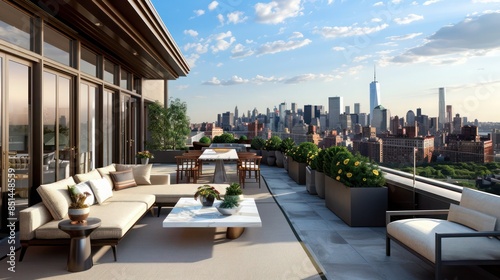 elegant rooftop terrace with modern furniture, decorative planters, and a stunning view of the city skyline