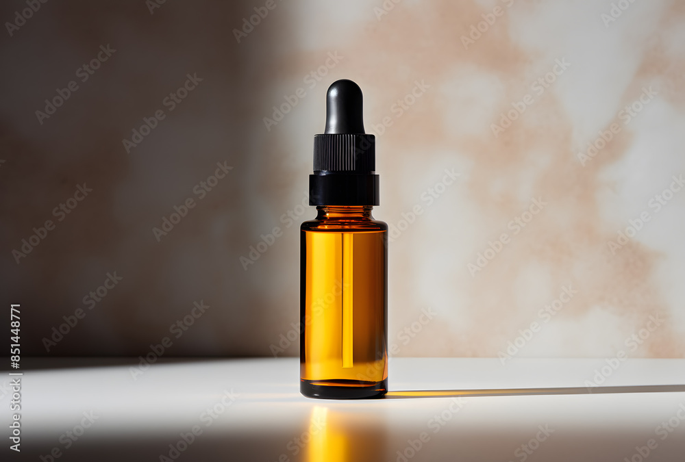 Amber glass dropper bottle with black cap isolated on background