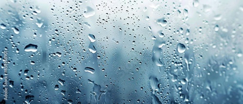 Close-up of raindrops on a windowpane during a rainy day, providing a serene and calming atmosphere with soft blue tones.