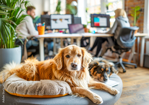 Two dogs resting in a modern office while employees work at their desks in the background