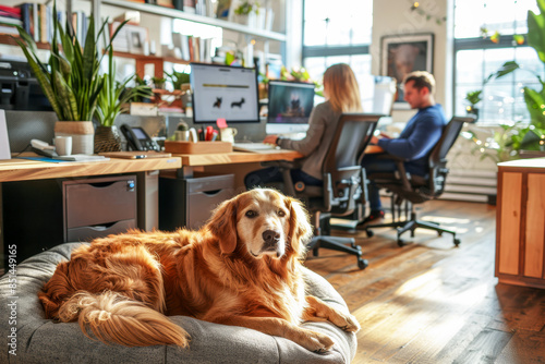Golden retriever resting in a cozy office while people work at their desks in the background